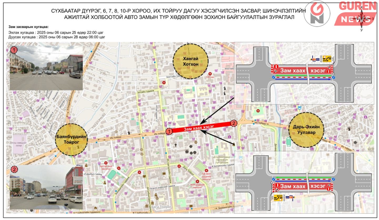 Өлзий төвөөс 100 айлын уулзвар хүртэлх замыг хааж, шинэчилнэ
