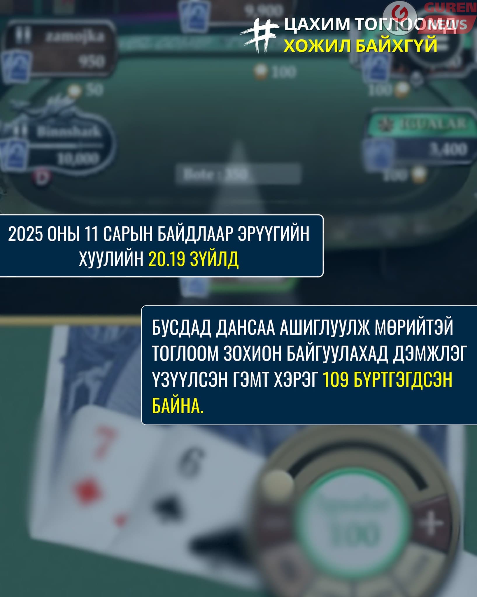 Мөрийтэй тоглоом зохион байгуулах үйлдэлд дэмжлэг үзүүлсэн хүнд хуулийн хариуцлага оногдуулдаг